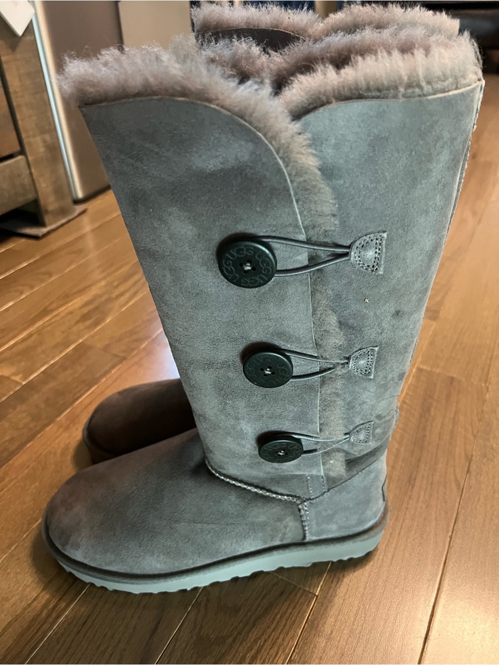 UGG Tall Button Boots in Grey Suede with Shearling Trim